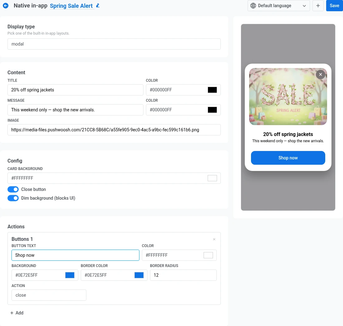 Native in-app editor for the modal display type with Content, Config, and Actions fields, and a live mobile preview