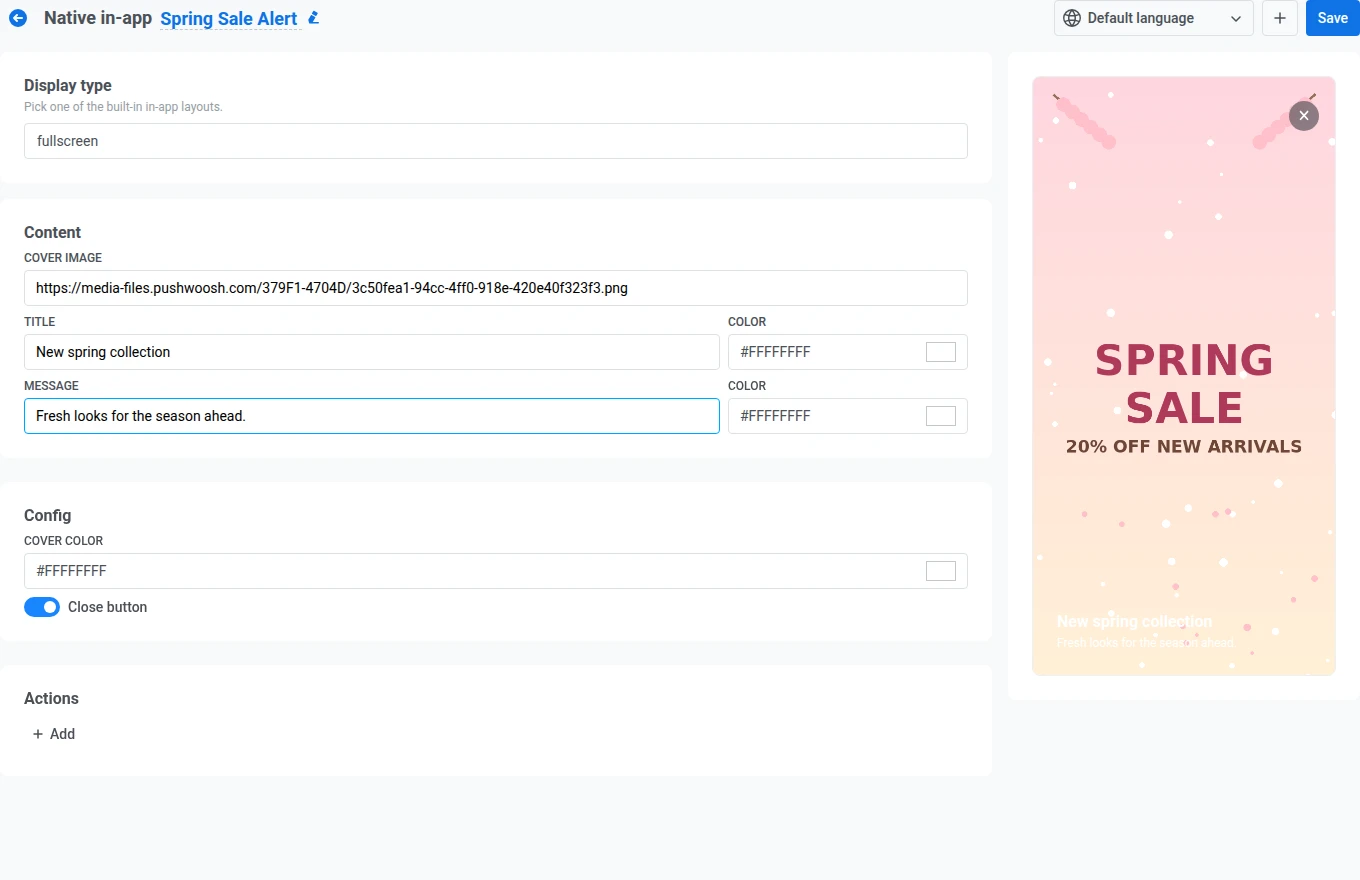 Native in-app editor for the fullscreen display type with cover image, title, message, and cover color fields