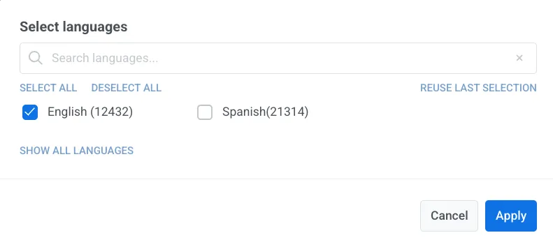 Select languages dialog with a search field, Select all, Deselect all, and Reuse last selection links, and a language checklist