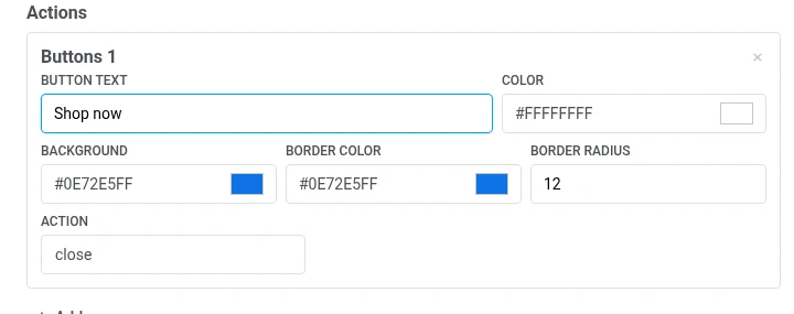 Actions panel with a Buttons entry showing Button text, Color, Background, Border color, Border radius, and Action fields