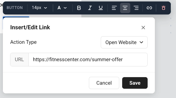 กล่องโต้ตอบ Insert Edit Link สำหรับ Button ที่มี Action type Open Website และช่อง URL