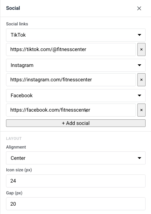 การตั้งค่าบล็อก Social พร้อมลิงก์ TikTok, Instagram และ Facebook รวมถึง Alignment, Icon size และ Gap