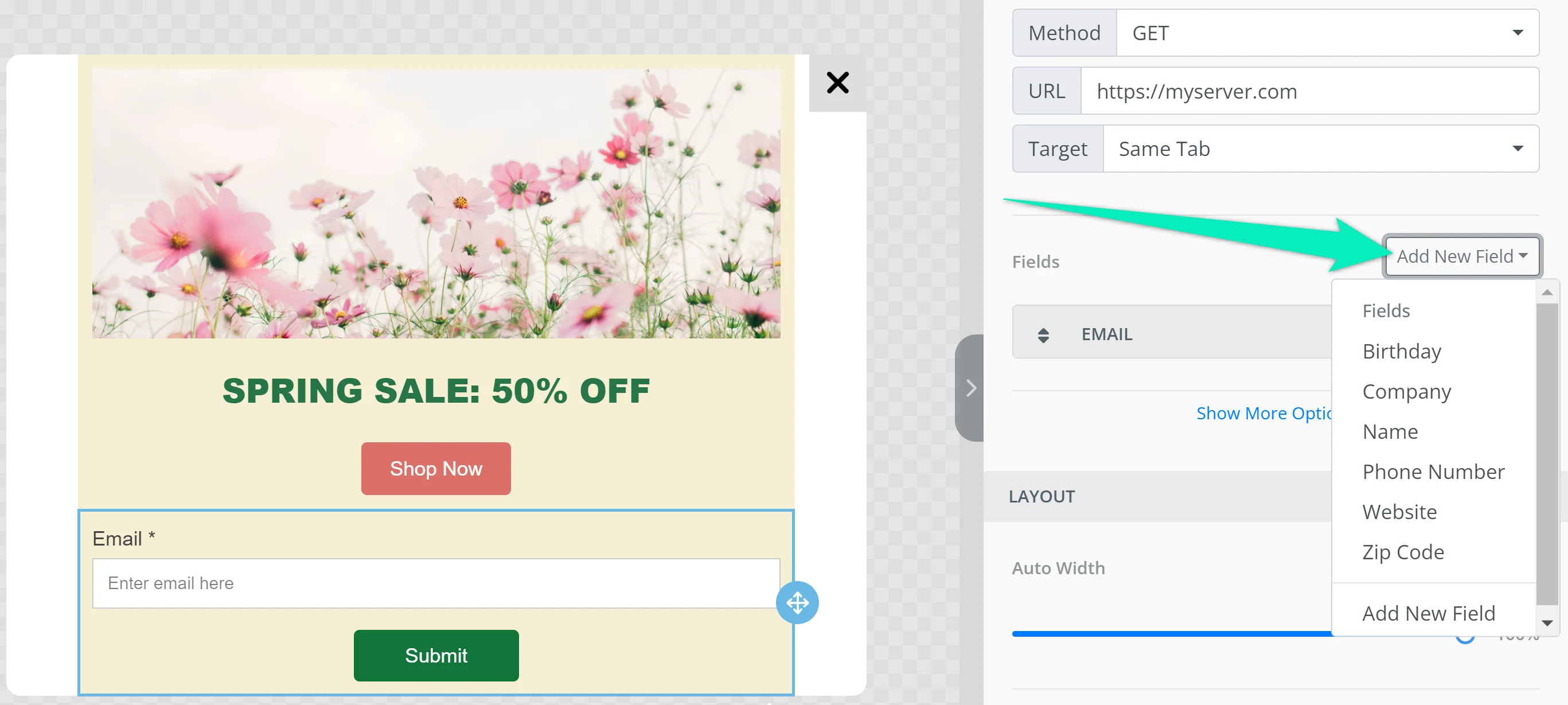 Интерфейс «Добавить новое поле» для создания дополнительных полей формы с различными типами данных