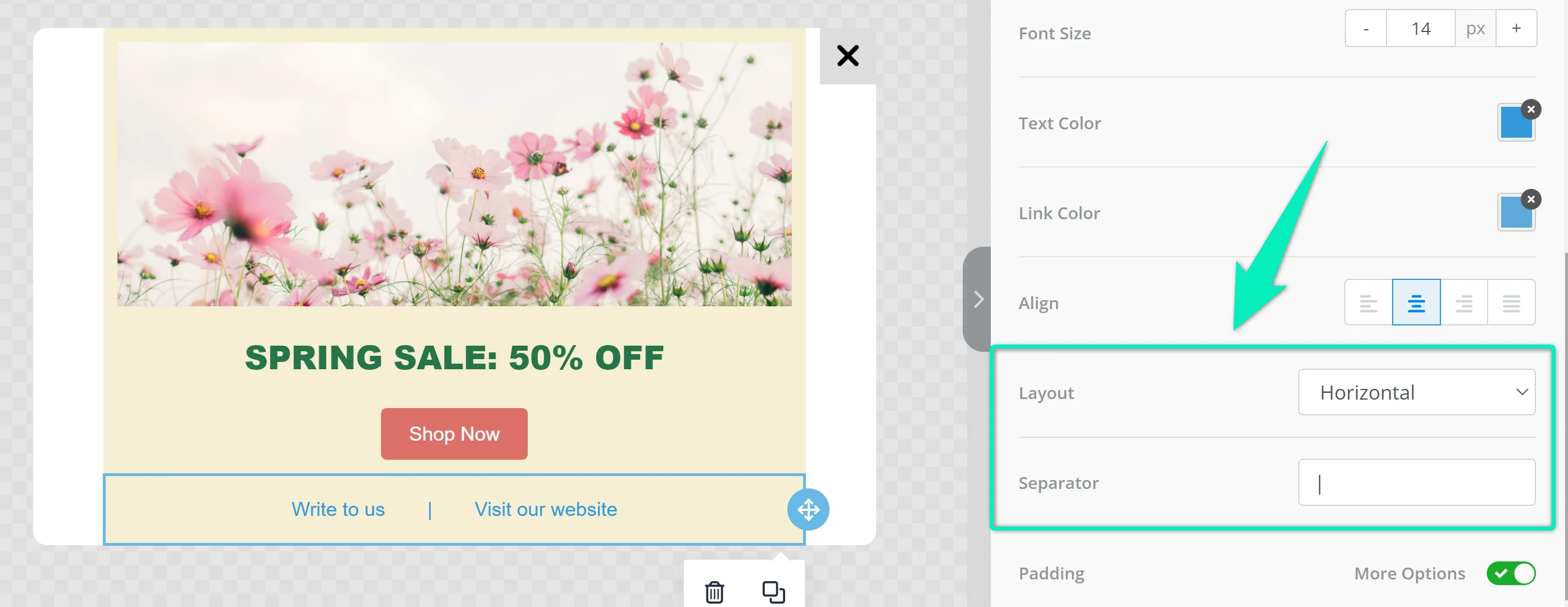 Опции макета меню, показывающие горизонтальный и вертикальный типы меню с настройками разделителя