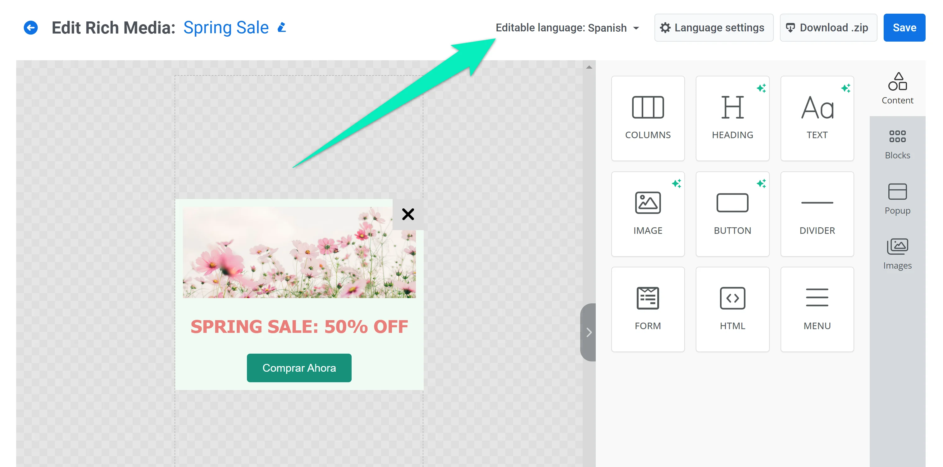 Интерфейс многоязычного шаблона, показывающий переключение языков и опции локализации контента