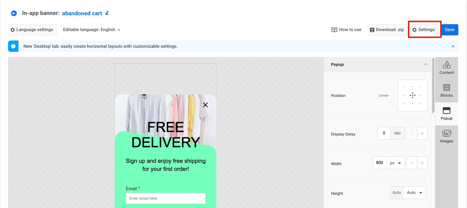 Settings button location in in-app editor interface
