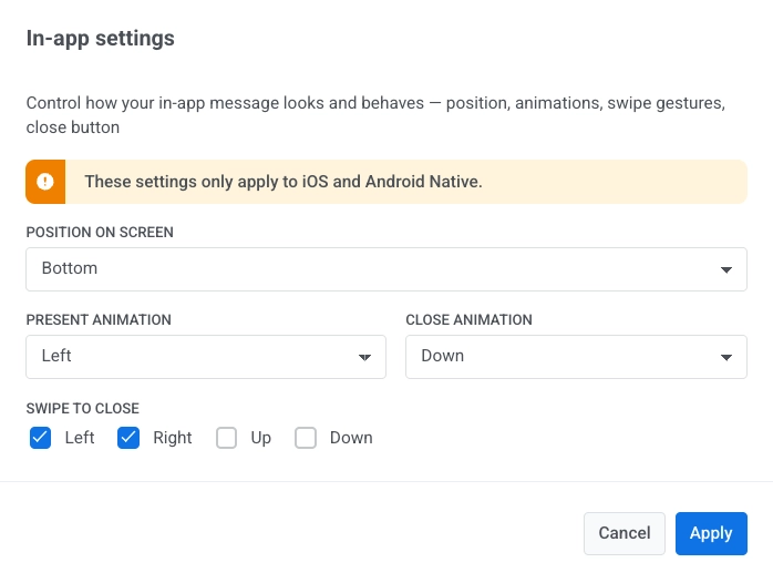 Form showing all the in-app message settings options, including message position, entry and exit animations, and swipe-to-close gesture directions
