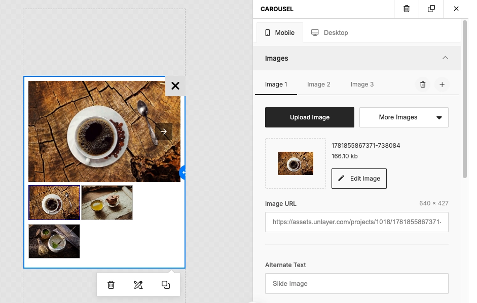 Carousel block selected in the in-app editor with the Images panel open for slide upload and settings