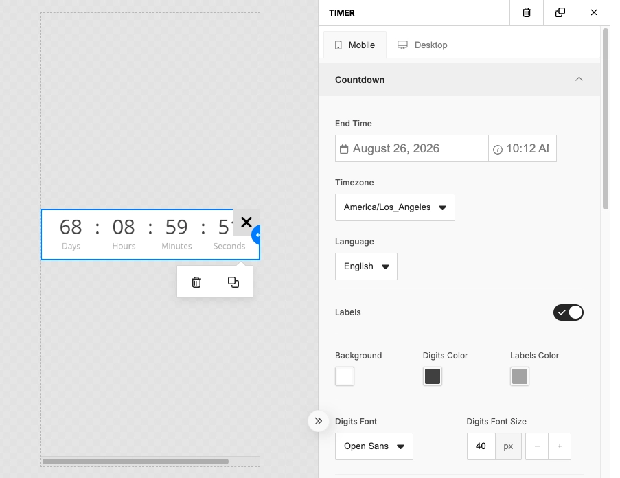 Timer block in the in-app editor with Countdown end time, timezone, language, labels, and styling options