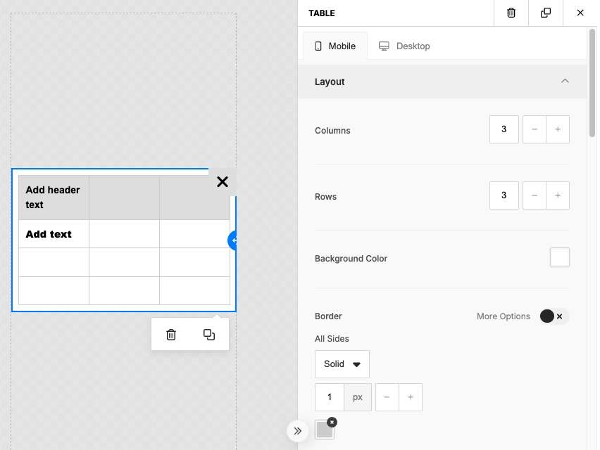 Table block in the in-app editor with Layout settings for columns, rows, background, border, and striped rows