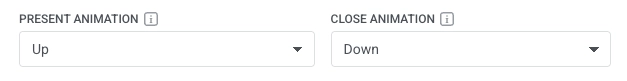 In-App Settings with Present Animation and Close Animation options including Up, Down, Fade, None, and Default