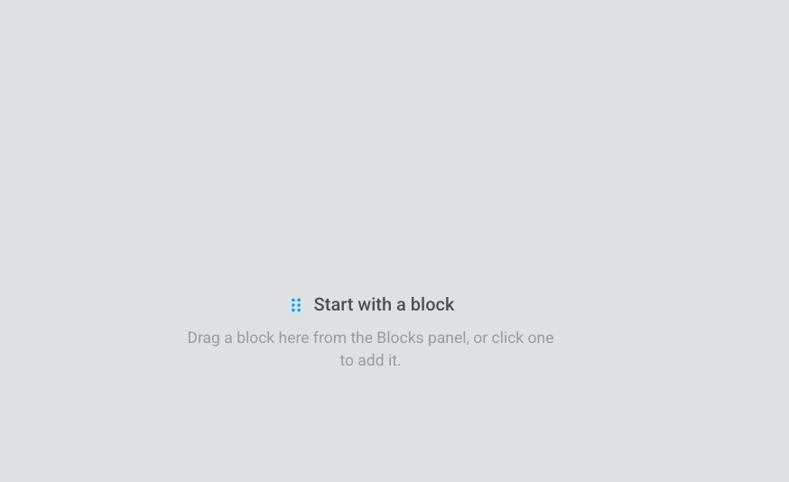 Canvas ที่ว่างเปล่าในตัวแก้ไขในแอปพร้อมข้อความ Start with a block ตรงกลาง