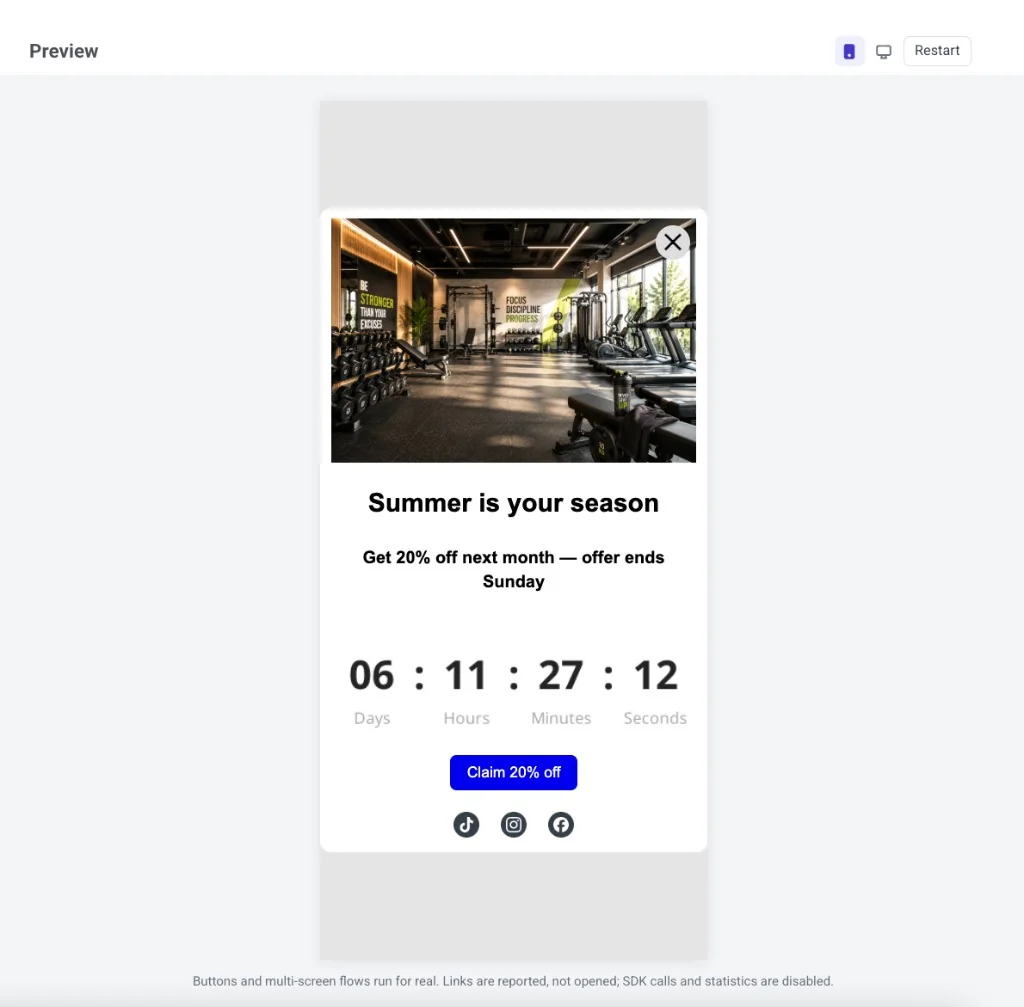 Preview panel with phone and desktop toggle, Restart, and an in-app message showing image, offer text, timer, and Claim button