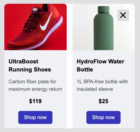 Products block with two product cards showing image, title, description, price, and Shop now button