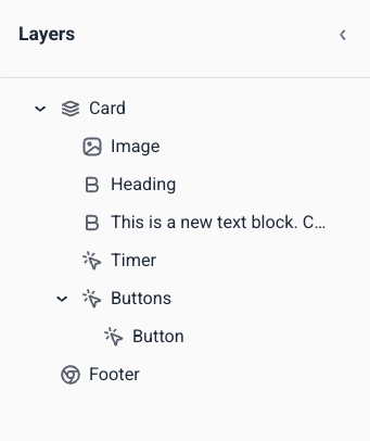 แผง Layers แสดงรายการ Card, Image, Heading, Text, Timer, Buttons และ Footer ในโครงสร้างต้นไม้