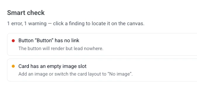 Smart check panel listing a missing button link error and an empty image slot warning