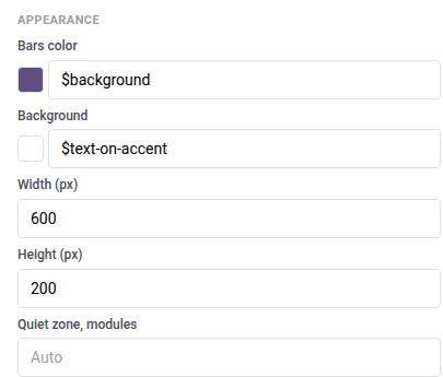Barcode Appearance settings with Bars color, Background, Width, Height, and Quiet zone