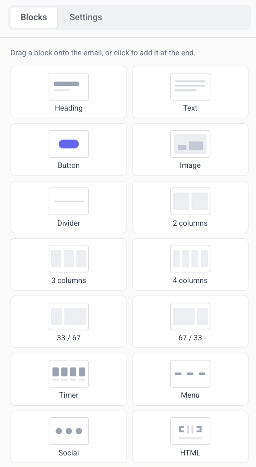 แท็บ Blocks ในแผงด้านขวาพร้อม Heading, Text, Button, Image และบล็อกเนื้อหาอื่นๆ