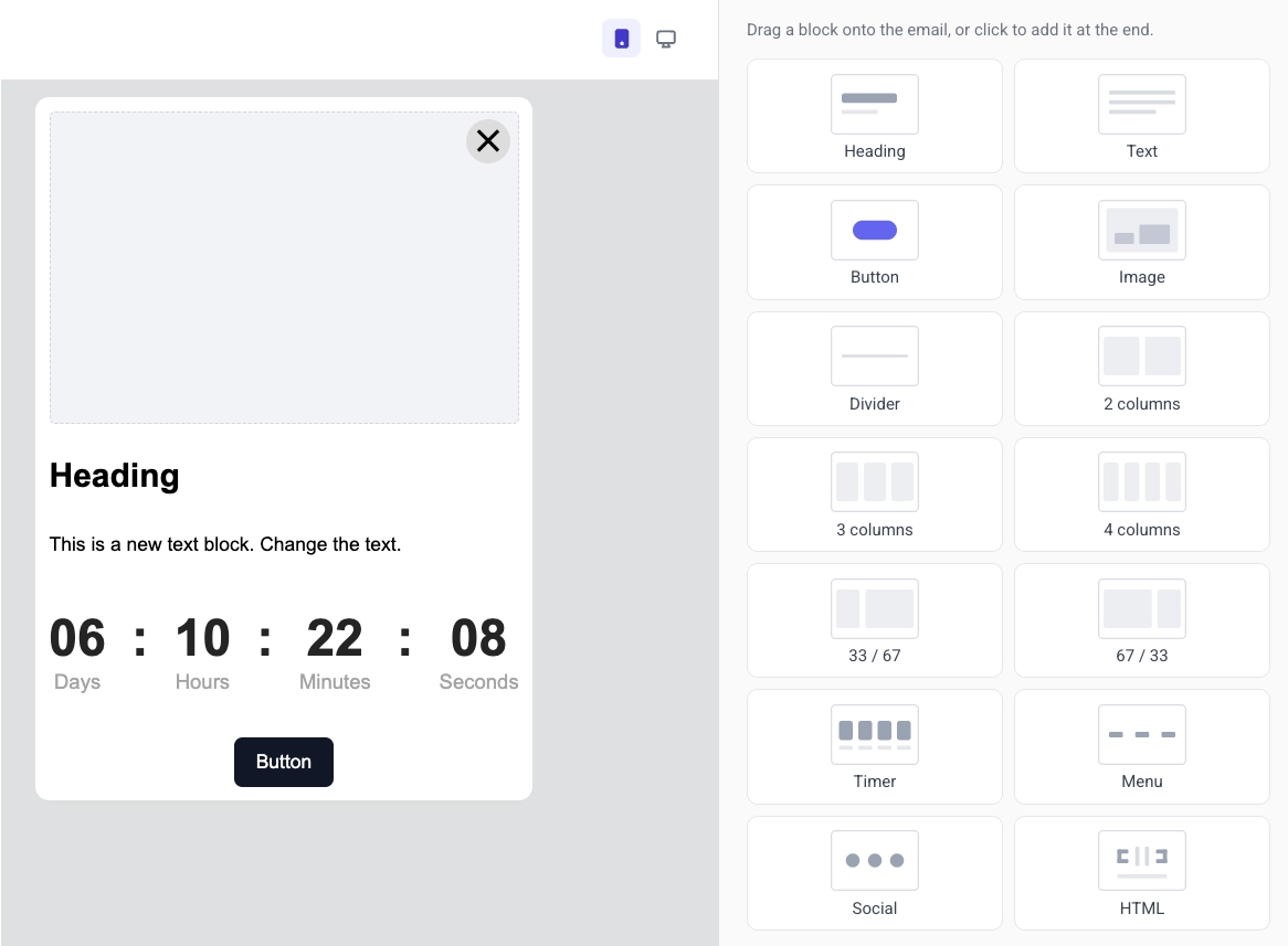 ตัวแก้ไขในแอปที่ว่างเปล่าพร้อม Start with a block บน canvas และแผง Blocks ที่เปิดอยู่