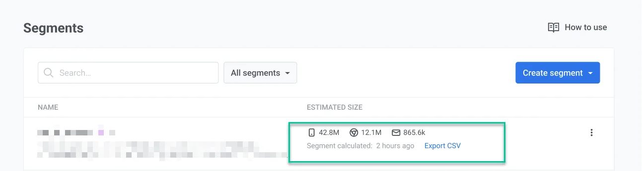 Visualização da lista de segmentos mostrando os tamanhos dos segmentos e a contagem de assinantes para cada plataforma