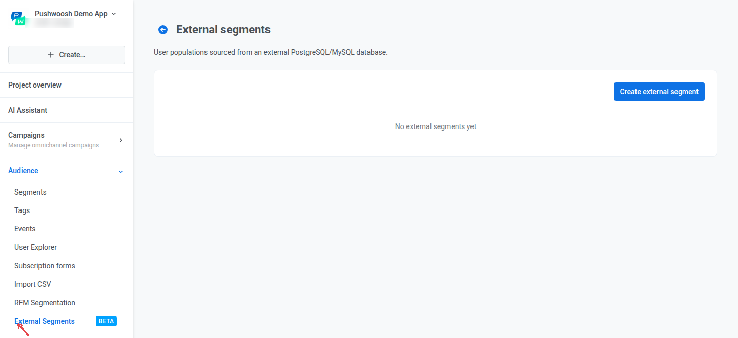 External Segments page in the Control Panel showing the empty list and the Create external segment button