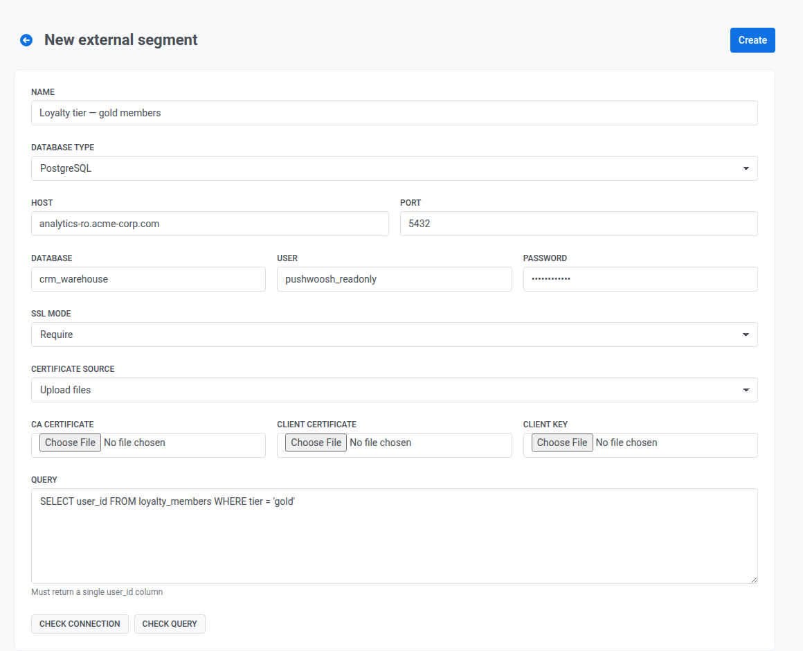 External segment creation form with PostgreSQL connection fields, SSL mode set to Require, and certificate upload fields