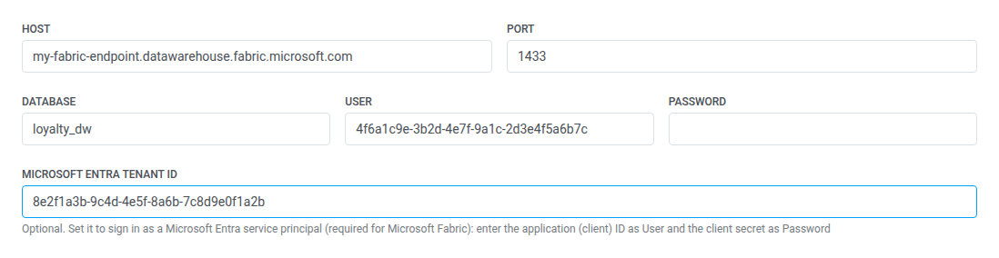 Formular zur Erstellung externer Segmente mit Microsoft SQL Server / Fabric-Verbindungsfeldern: Host, Port, Datenbank, Benutzer, Passwort und Microsoft Entra Mandanten-ID