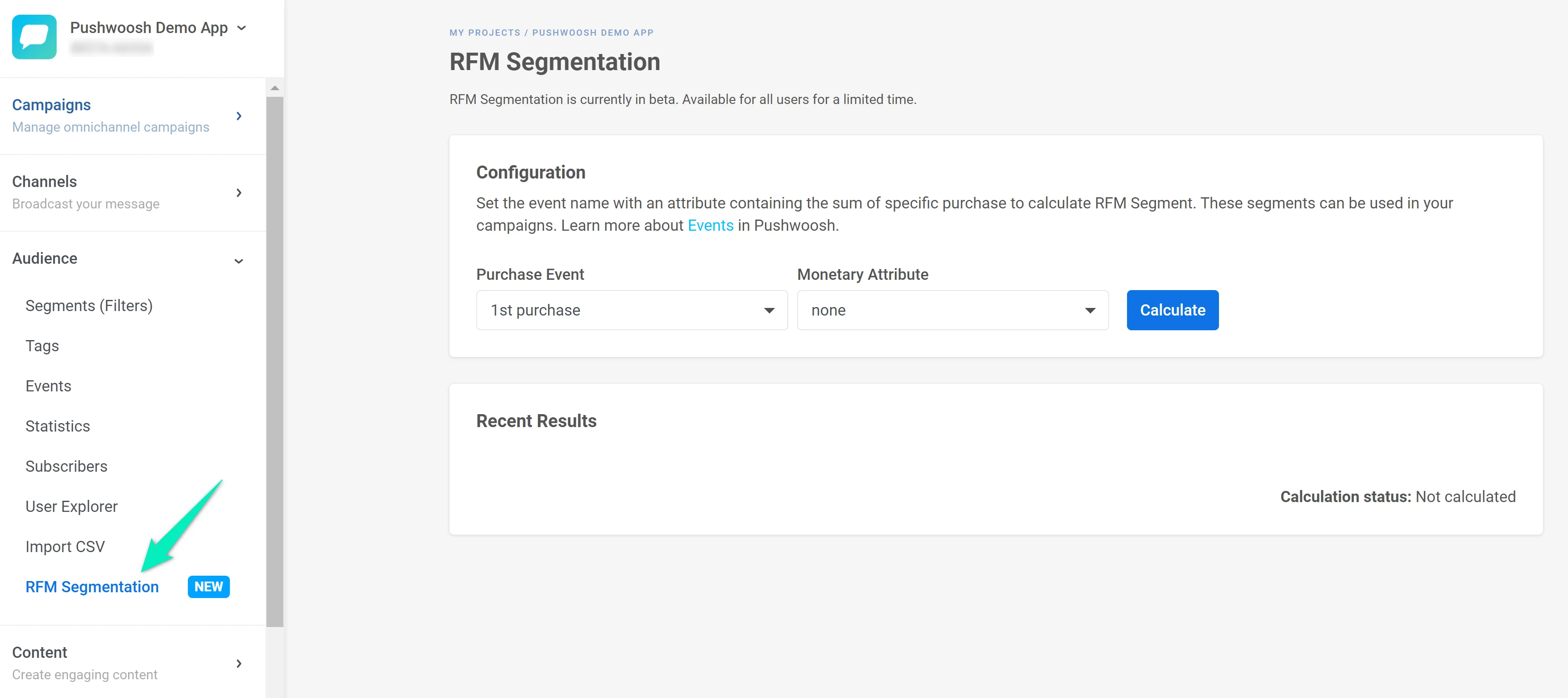 RFM सेगमेंटेशन इंटरफ़ेस जो इवेंट चयन और मौद्रिक एट्रिब्यूट कॉन्फ़िगरेशन दिखा रहा है