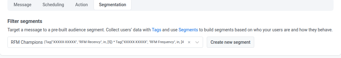 RFM 그리드에서 세그먼트를 클릭한 후 RFM Champions 세그먼트가 미리 선택된 푸시 작성기의 Segmentation 탭