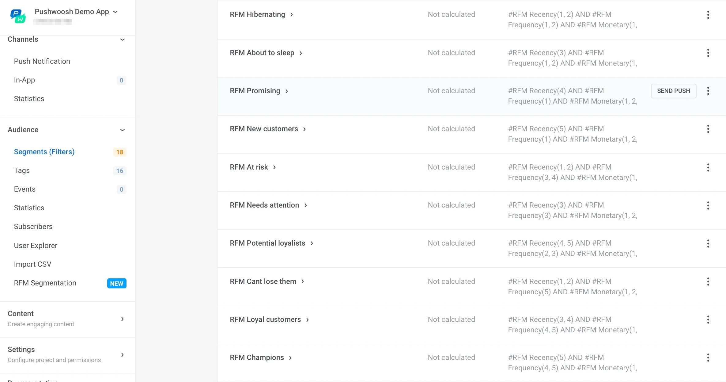 RFM सेगमेंट्स टारगेटिंग के लिए सेगमेंट्स सूची में स्वचालित रूप से उपलब्ध हैं