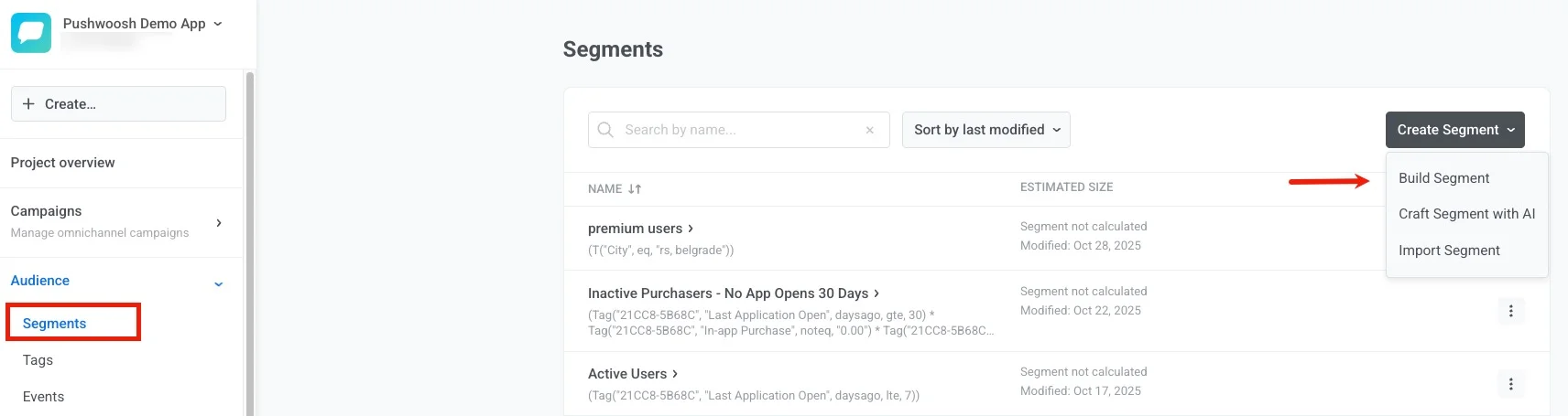 “构建细分”界面,显示“创建细分”按钮和下拉菜单