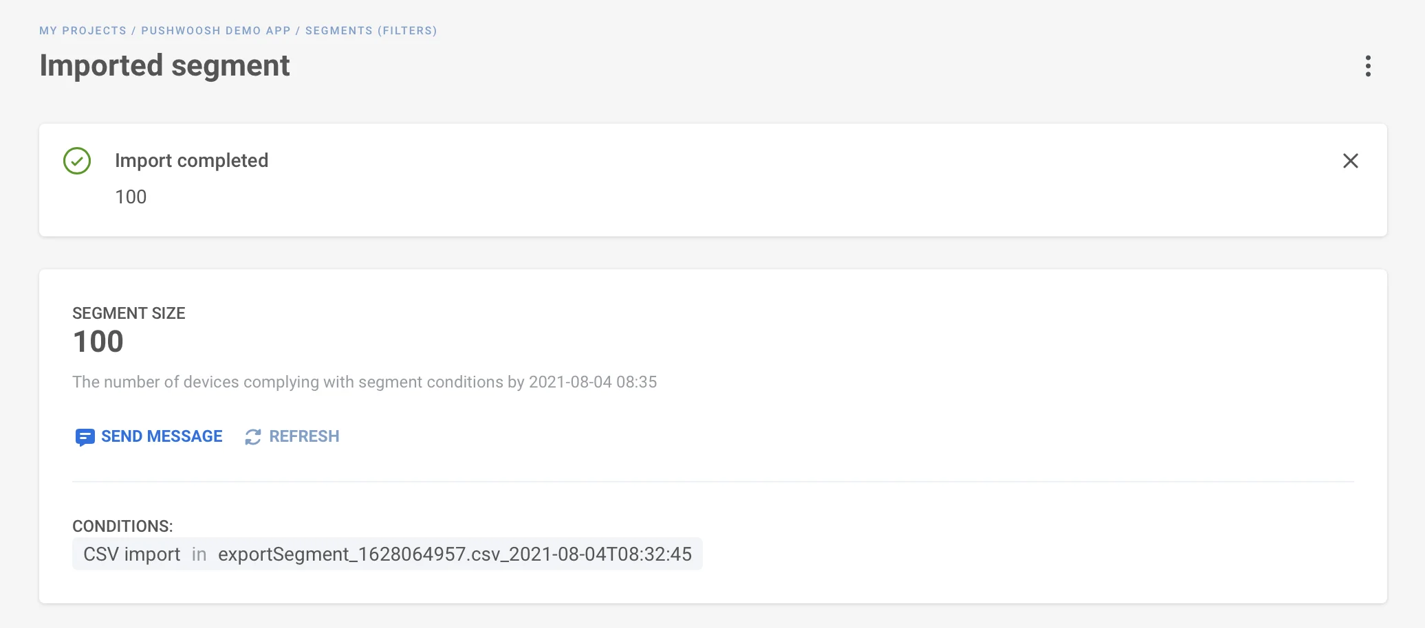 Lista de segmentos mostrando contagens de usuários, horários de atualização e condições do segmento