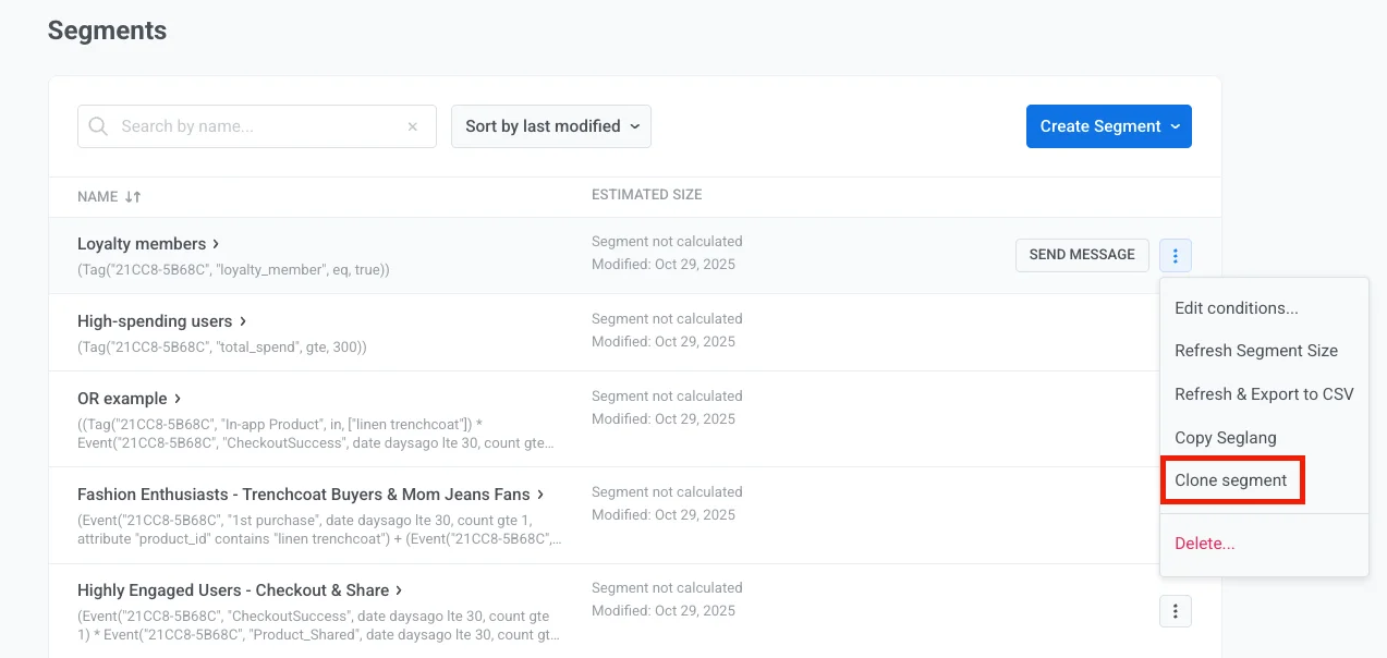 “克隆细分”选项,用于创建相似的细分
