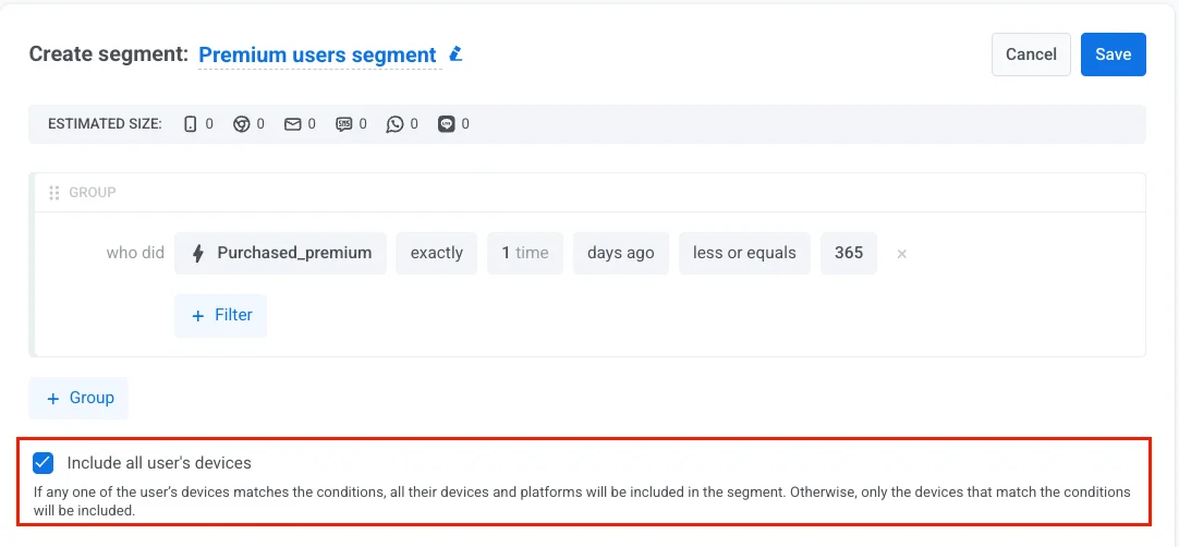 Interruptor de la opción 'Incluir todos los dispositivos del usuario' para la segmentación multiplataforma