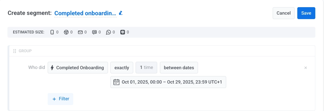 Interface for segmenting users by event occurrence and specifying the event time frame criteria