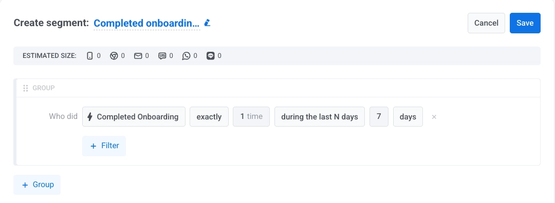 Example of configuring segment filters by event occurrence and relative date criteria