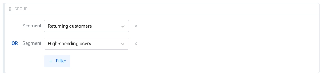 Interface illustrating selection of multiple existing segments and applying logic operators (AND/OR)