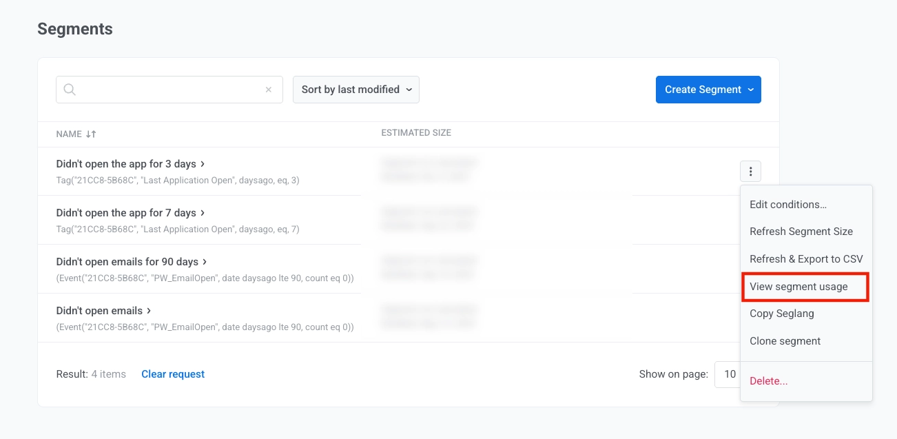 Three-dot menu on a segment row with View segment usage option highlighted