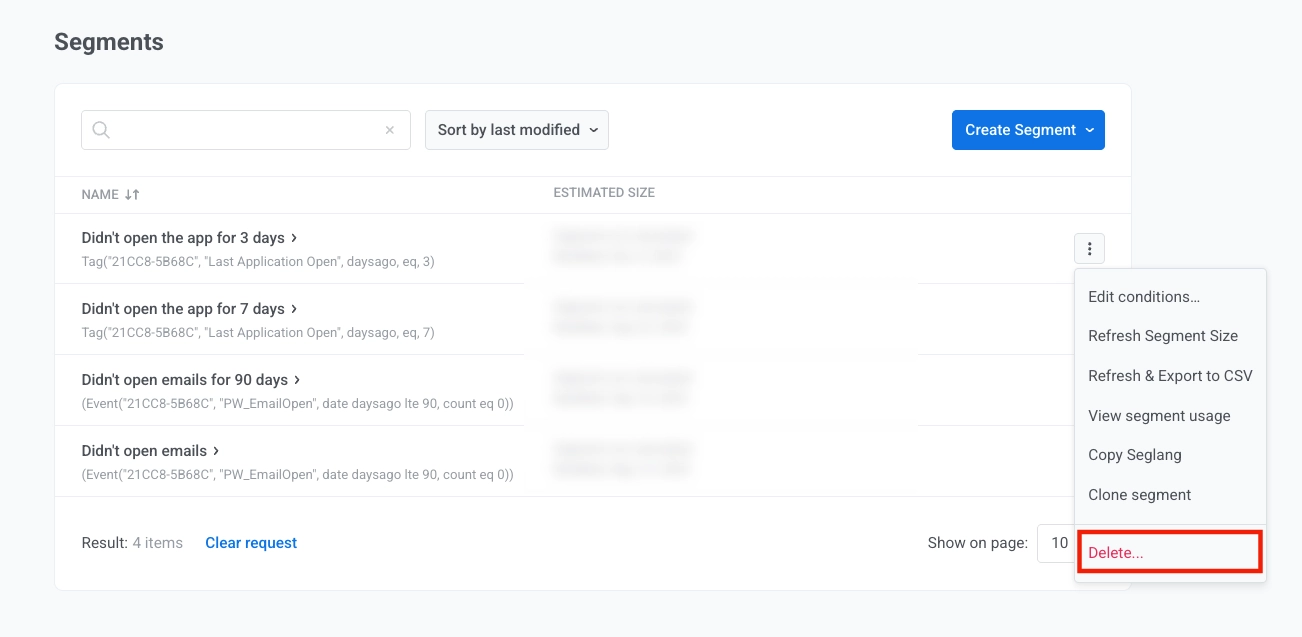 Delete segment option in the three-dot menu