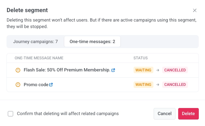 Delete segment confirmation dialog listing related journeys and the checkbox to confirm impact on campaigns