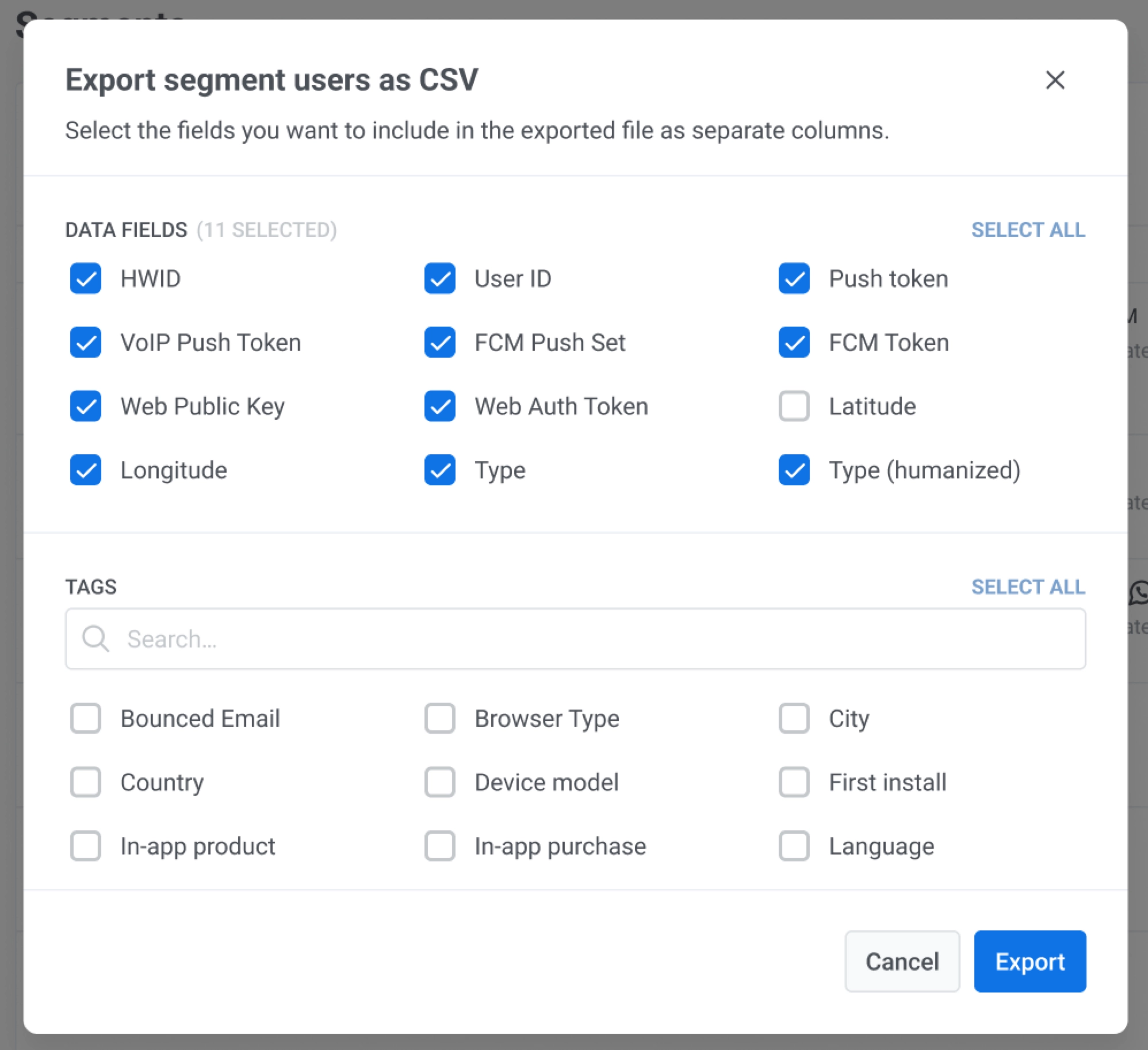 Export segment users dialog where data fields and tags can be selected before CSV export.