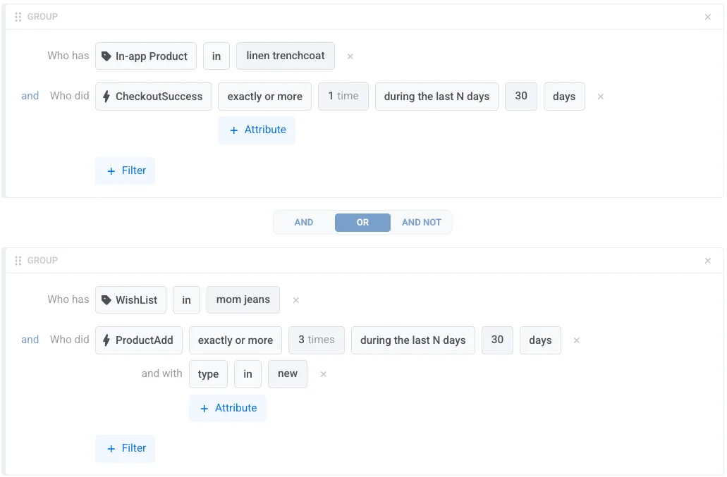 เซกเมนต์ที่ซับซ้อนพร้อมกลุ่มตัวกรองหลายกลุ่มที่แสดงตรรกะ AND/OR