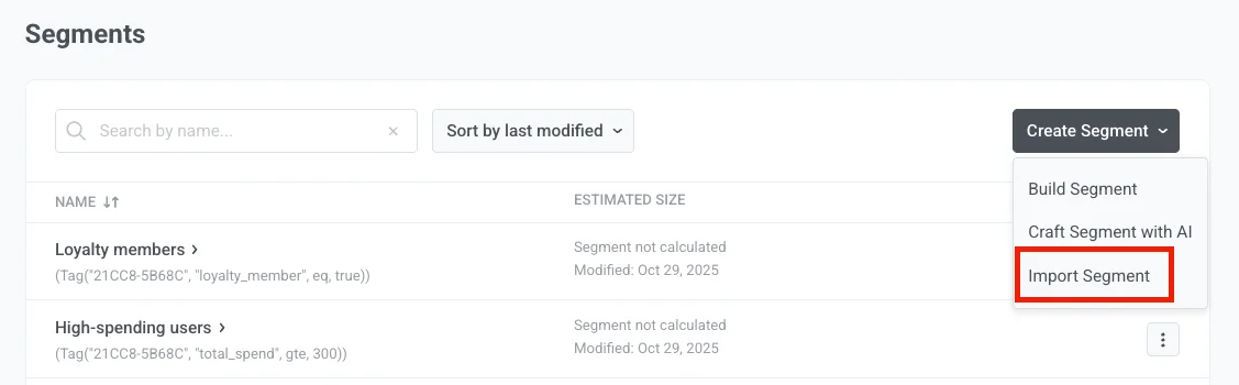 Interface de importação de segmento mostrando a opção de envio de arquivo CSV
