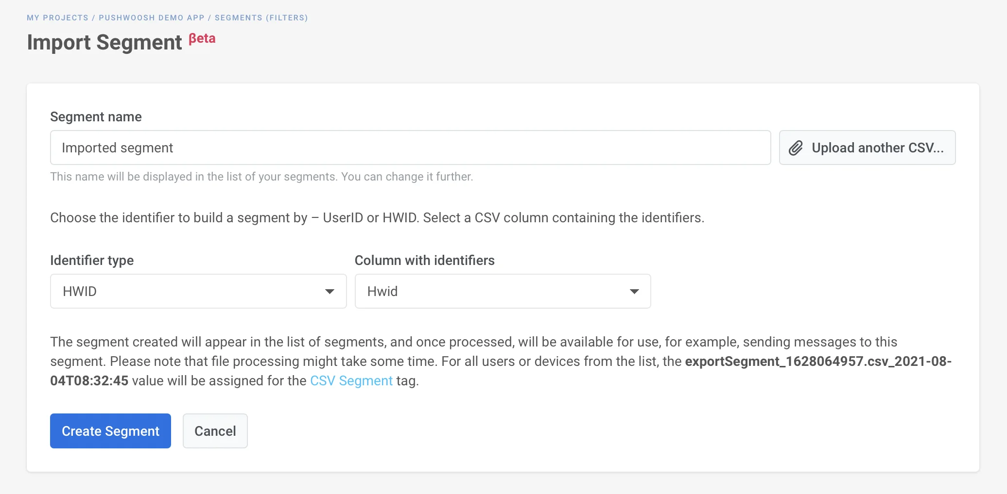 Tag padrão de importação de CSV mostrando os valores de nome de arquivo atribuídos