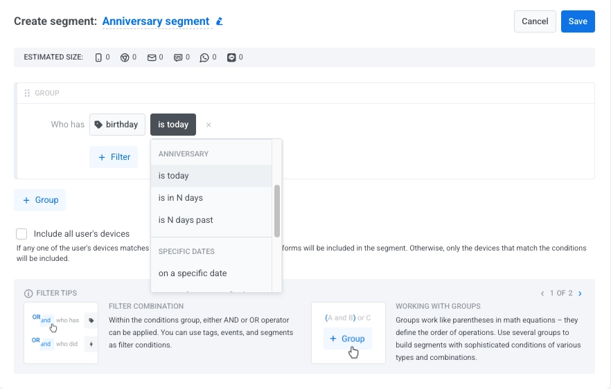 Anniversary segment configuration showing date conditions and options