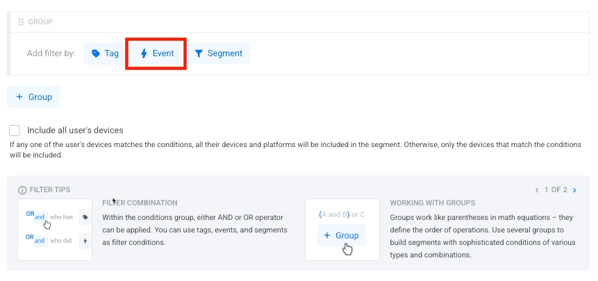 Interface showing the Add filter by section with Event option highlighted