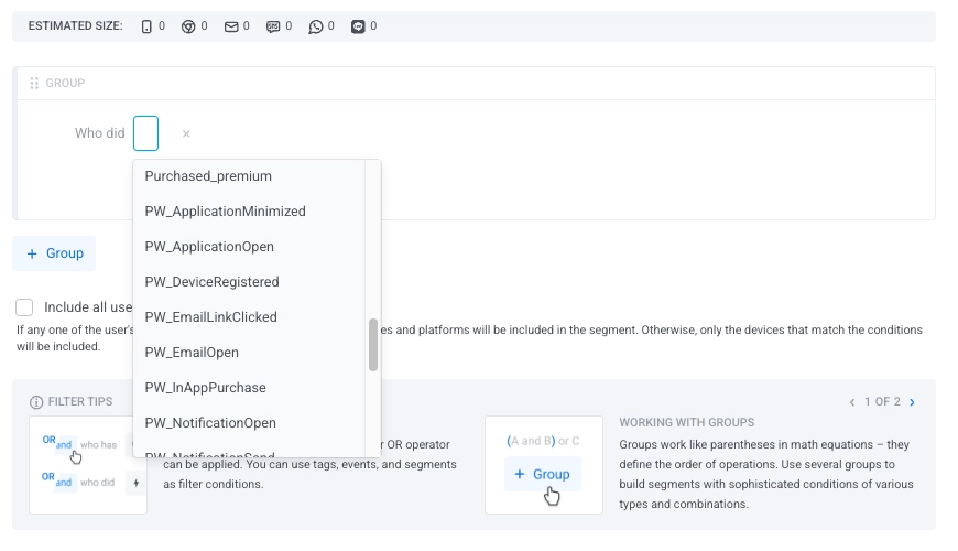 Drop-down list displaying available events for segment filtering