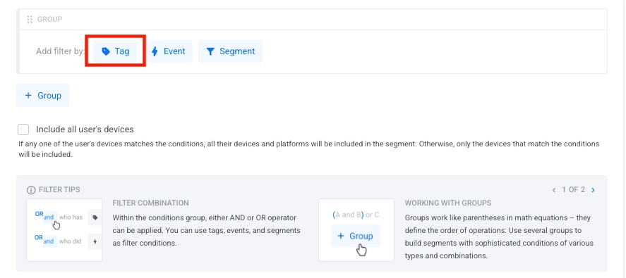 قائمة منسدلة لإضافة فلتر حسب تعرض خيار تحديد العلامة في واجهة إنشاء الشريحة
