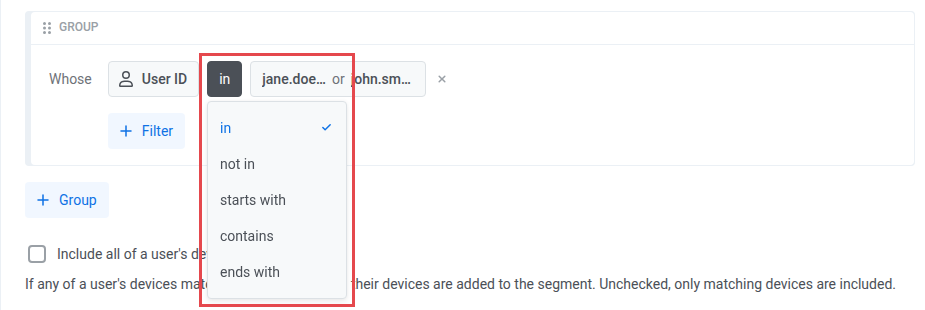 Выпадающий список операторов условия User ID, показывающий in, not in, starts with, contains и ends with