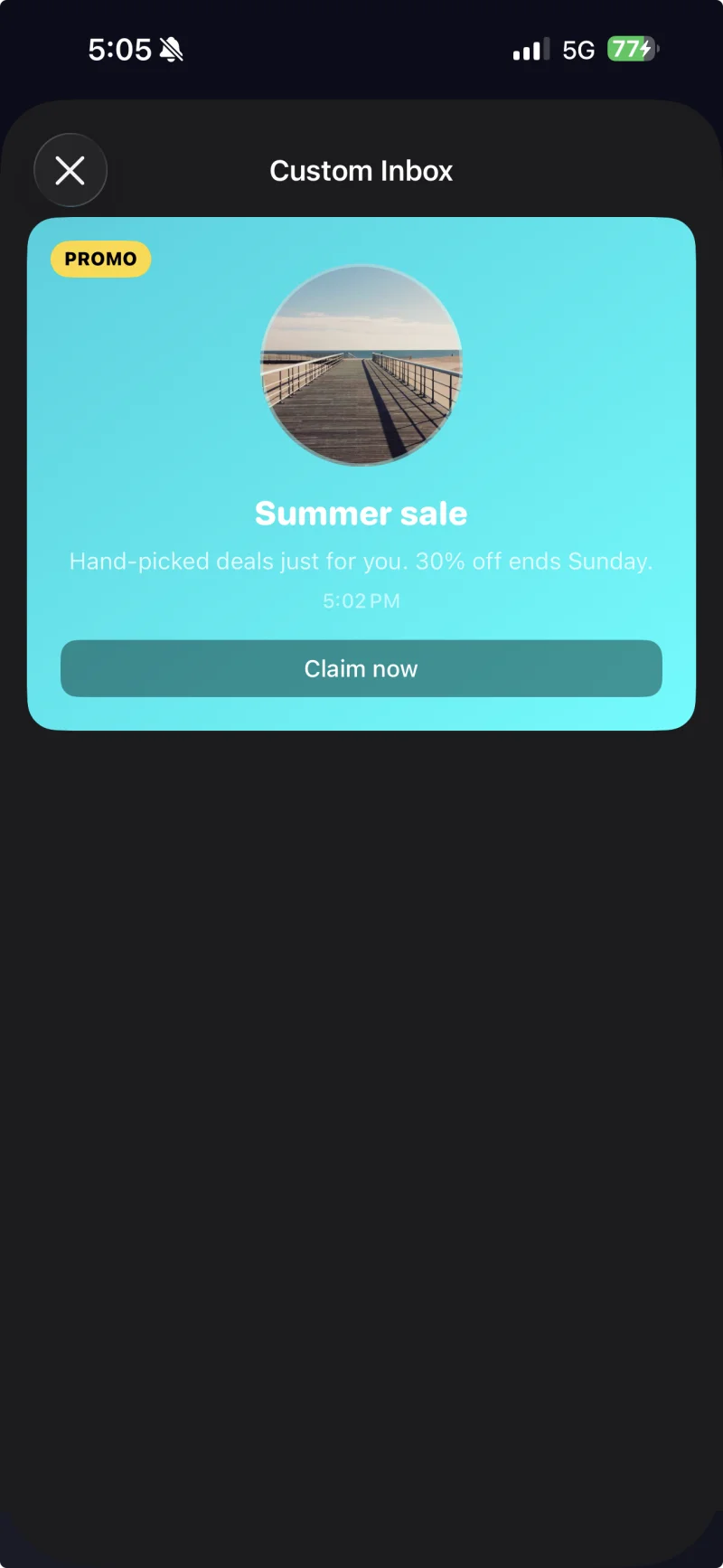 Custom-styled InboxKit feed with brand colors applied to title and unread indicator